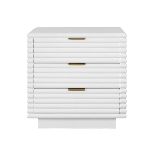 Worlds Away - Three Drawer Side Table With Antique Brass Hardware And Large Horizontal Reeds In White Lacquer - MATEO WH view 2