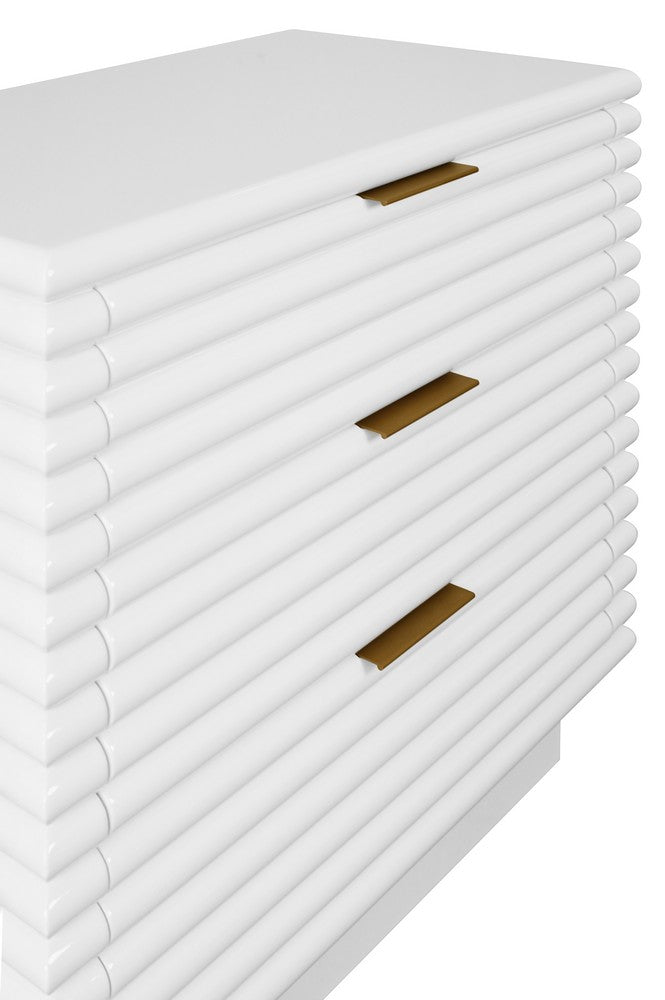 Worlds Away - Three Drawer Side Table With Antique Brass Hardware And Large Horizontal Reeds In White Lacquer - MATEO WH view 6