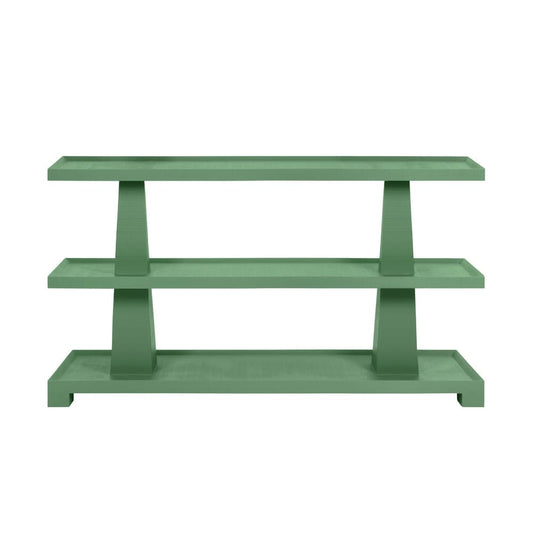 Worlds Away - Three Tier Two Column Console In Textured Green Linen - LOWEN GR view 2