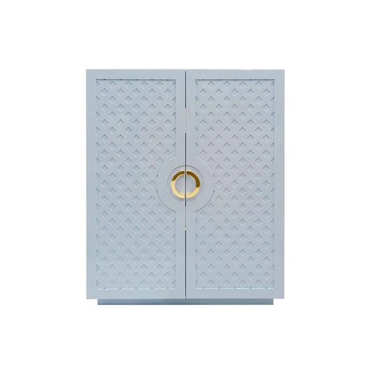 Worlds Away - Two Door Cabinet With Lattice Overlay And Brass Circle Hardware In Light Blue Lacquer - POPPY LB view 2