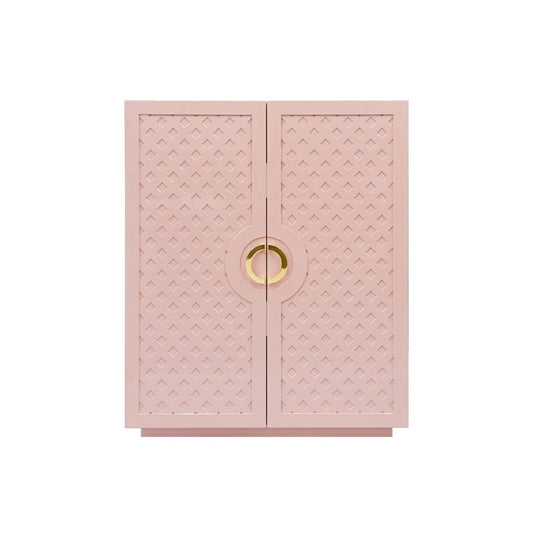 Worlds Away - Two Door Cabinet With Lattice Overlay And Brass Circle Hardware In Pink Lacquer - POPPY PI view 2