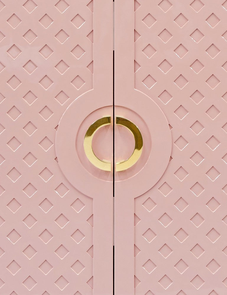Worlds Away - Two Door Cabinet With Lattice Overlay And Brass Circle Hardware In Pink Lacquer - POPPY PI view 5