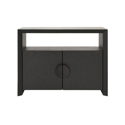 Worlds Away - Two Door Console With Open Shelf In Black Painted Grasscloth With Black Oak Handles - ASPEN BLK view 2
