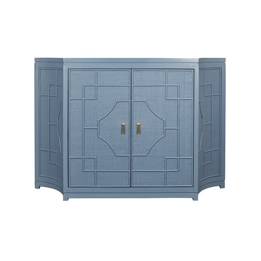 Worlds Away - Two Door Decorative Rattan Overlay Cabinet With Curved Ends Painted In Capri Blue - ISABEL CB view 2