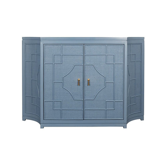 Worlds Away - Two Door Decorative Rattan Overlay Cabinet With Curved Ends Painted In Capri Blue - ISABEL CB view 2