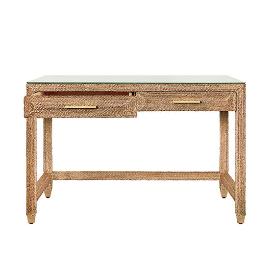 Worlds Away - Two Drawer Desk In Wrapped Rope With Glass Top And Brass Foot Caps - NOBLE view 2
