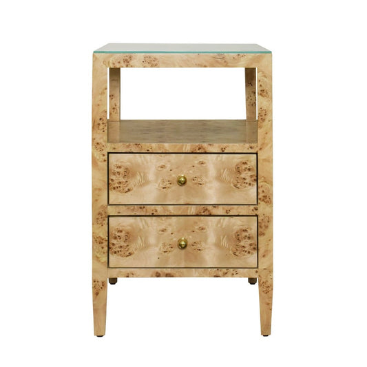 Worlds Away - Two Drawer Side Table In Burl Wood With Polished Brass Knobs - ROSCOE BW view 2