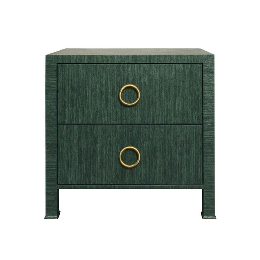 Worlds Away - Two Drawer Side Table With Antique Brass Circle Hardware In Dyed Green Grasscloth - EDELMAN GR view 2