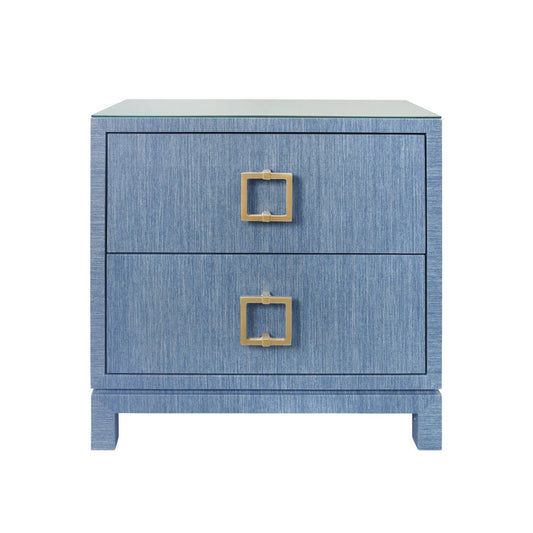 Worlds Away - Two Drawer Side Table With Large Satin Brass Square Hardware In Blue Dyed Grasscloth With Glass Top - COLE BL view 2