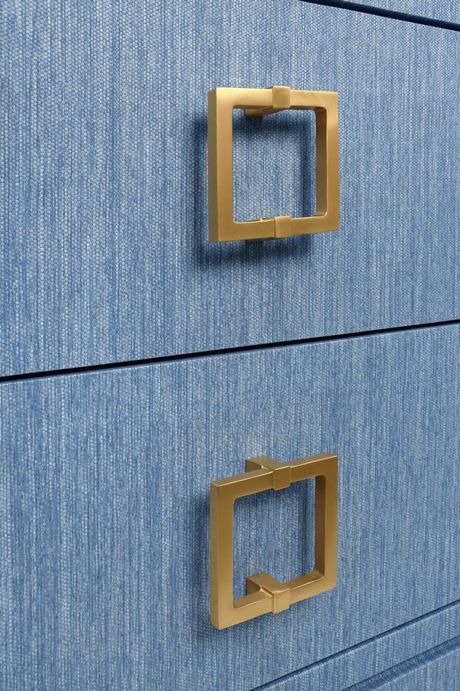 Worlds Away - Two Drawer Side Table With Large Satin Brass Square Hardware In Blue Dyed Grasscloth With Glass Top - COLE BL view 7