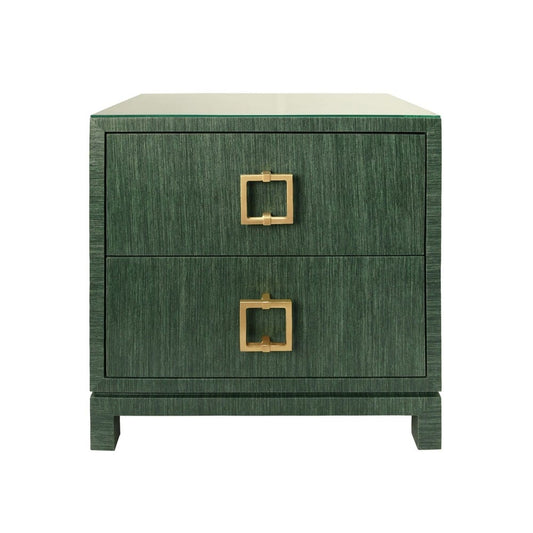 Worlds Away - Two Drawer Side Table With Large Satin Brass Square Hardware In Green Dyed Grasscloth With Glass Top - COLE GR view 2