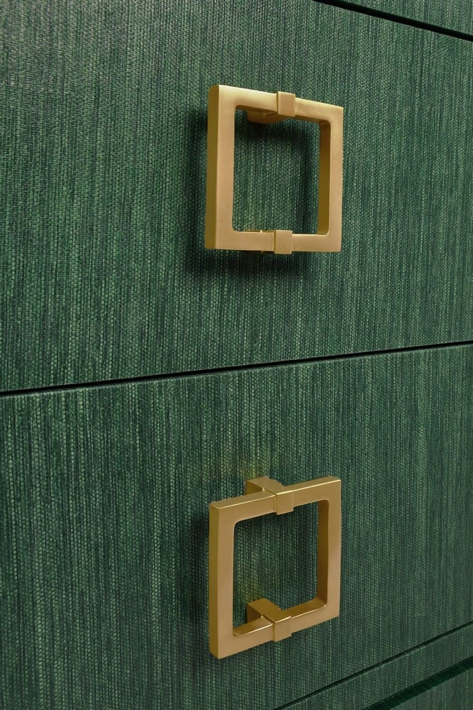 Worlds Away - Two Drawer Side Table With Large Satin Brass Square Hardware In Green Dyed Grasscloth With Glass Top - COLE GR view 7