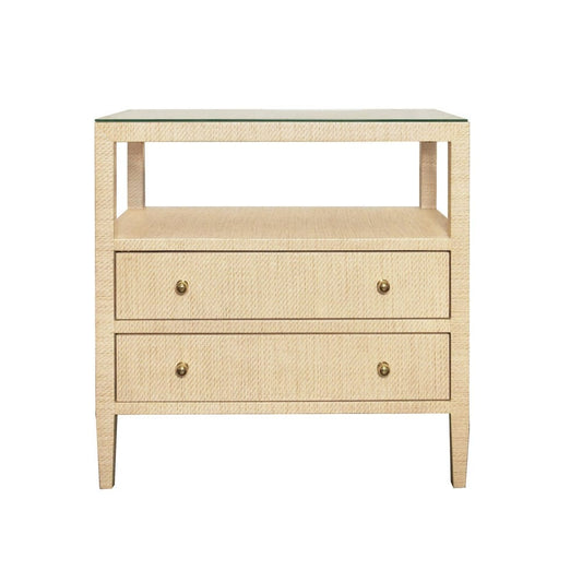 Worlds Away - Two Drawer Side Table With Open Top Shelf In Natural Grasscloth With Polished Brass Knobs - DOUGLAS NAT view 2