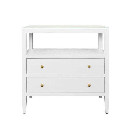 Worlds Away - Two Drawer Side Table With Open Top Shelf In Textured White Linen With Polished Brass Knobs - DOUGLAS WH view 2