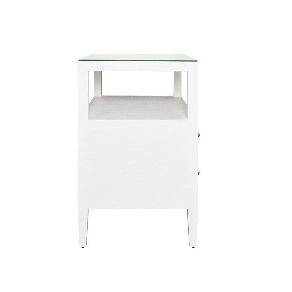 Worlds Away - Two Drawer Side Table With Open Top Shelf In Textured White Linen With Polished Brass Knobs - DOUGLAS WH view 4