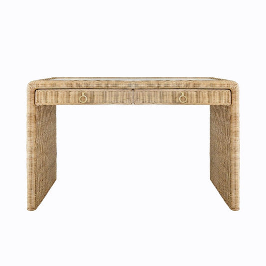 Worlds Away - Two Drawer Waterfall Edge Desk In Woven Rattan With Glass Top - ADRIEN view 2