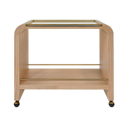 Worlds Away - Waterfall Edge Bar Cart With Antique Brass Rails In Natural Oak - MYER NO view 2