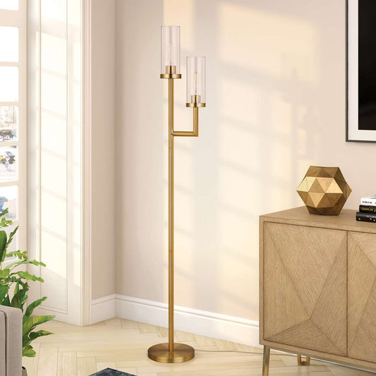 Hudson & Canal - Basso 2-Light Torchiere Floor Lamp with Glass Shade in Brass/Clear - FL0354 veiw 2