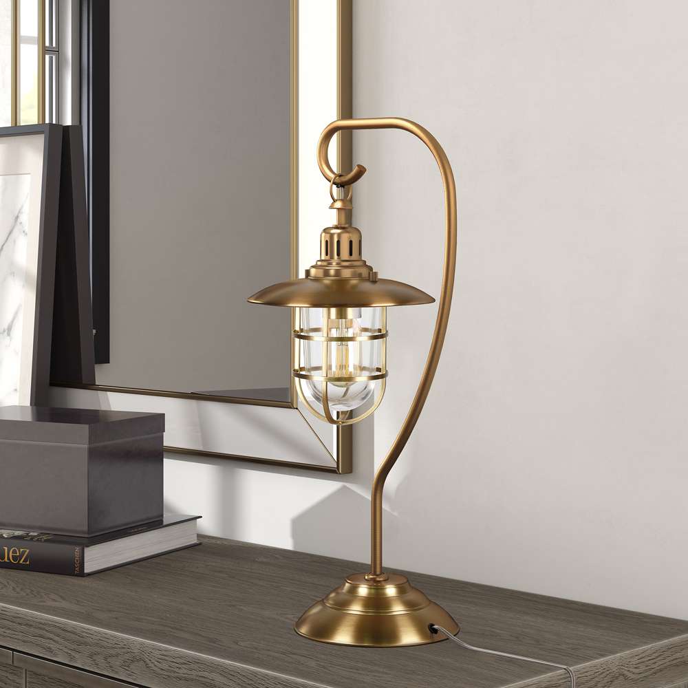 Hudson & Canal - Bay 22in Tall Nautical Table Lamp with Glass/Metal Shade in Antique Brass/Clear - TL0212 veiw 2