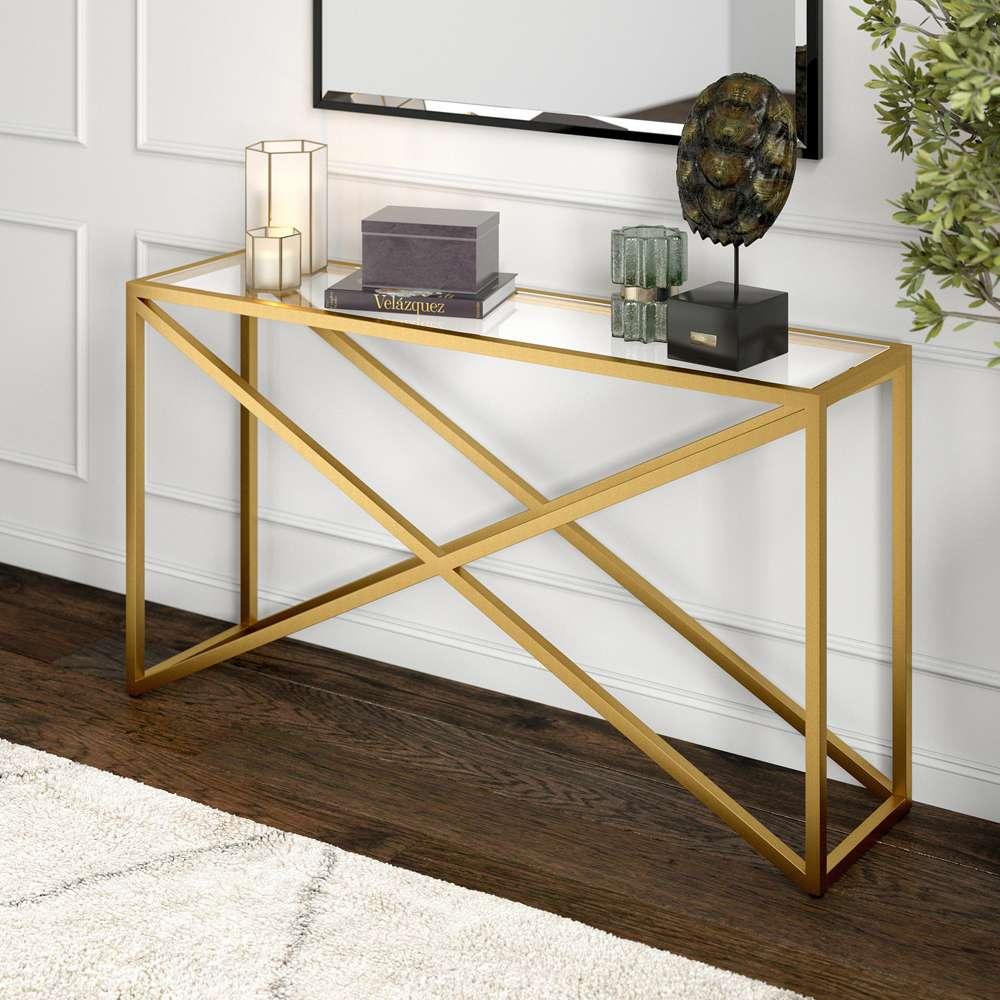 Hudson & Canal - Calix 55in Wide Rectangular Console Table in Brass - AT0980 veiw 2