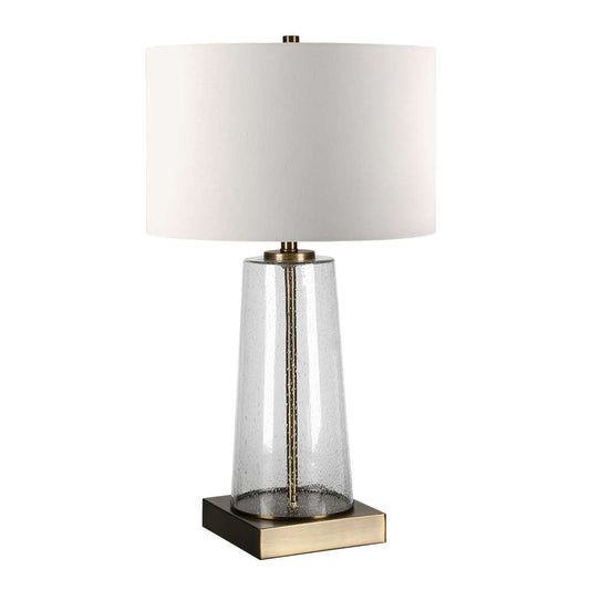 Hudson & Canal - Dax 27.5in Tall Table Lamp with Fabric Shade in Seeded Glass/Brass/White - TL0207 veiw 1