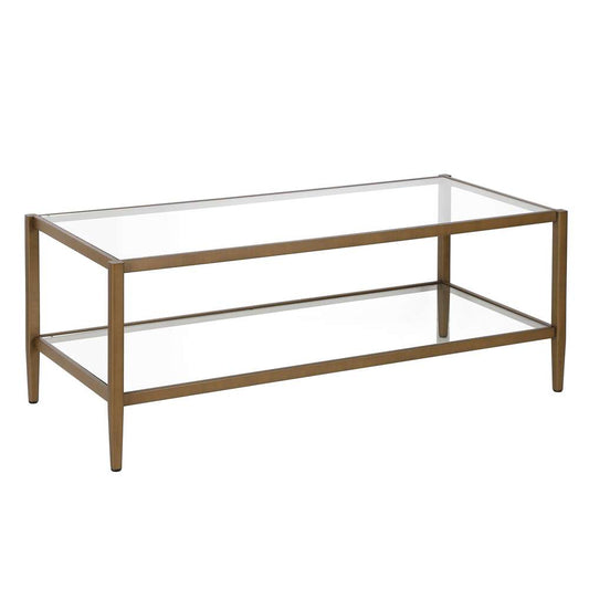 Hudson & Canal - Hera 45in Wide Rectangular Coffee Table with Glass Shelf in Antique Brass - CT0486 veiw 1