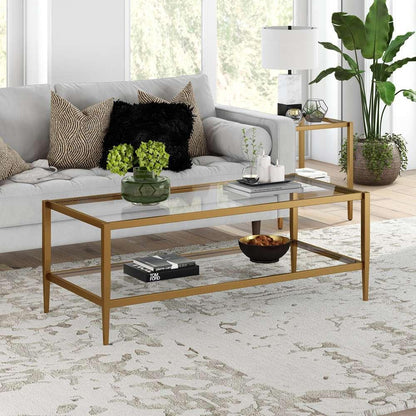 Hudson & Canal - Hera 45in Wide Rectangular Coffee Table with Glass Shelf in Antique Brass - CT0486 veiw 2