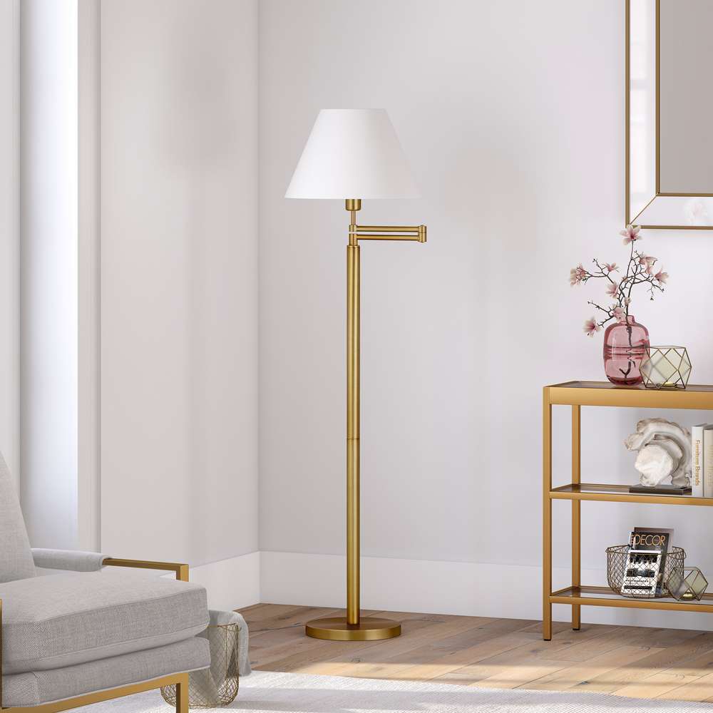 Hudson & Canal - Moby Swing Arm Floor Lamp with Fabric Empire Shade in Brass/White - FL0363 veiw 2