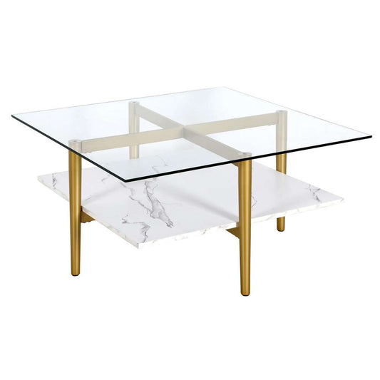 Hudson & Canal - Otto 32in Wide Square Coffee Table with Faux Marble Shelf in Brass - CT1515 veiw 1