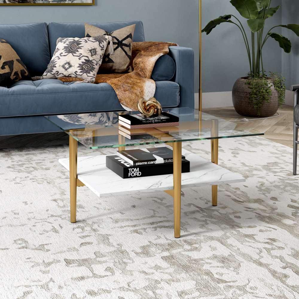 Hudson & Canal - Otto 32in Wide Square Coffee Table with Faux Marble Shelf in Brass - CT1515 veiw 2