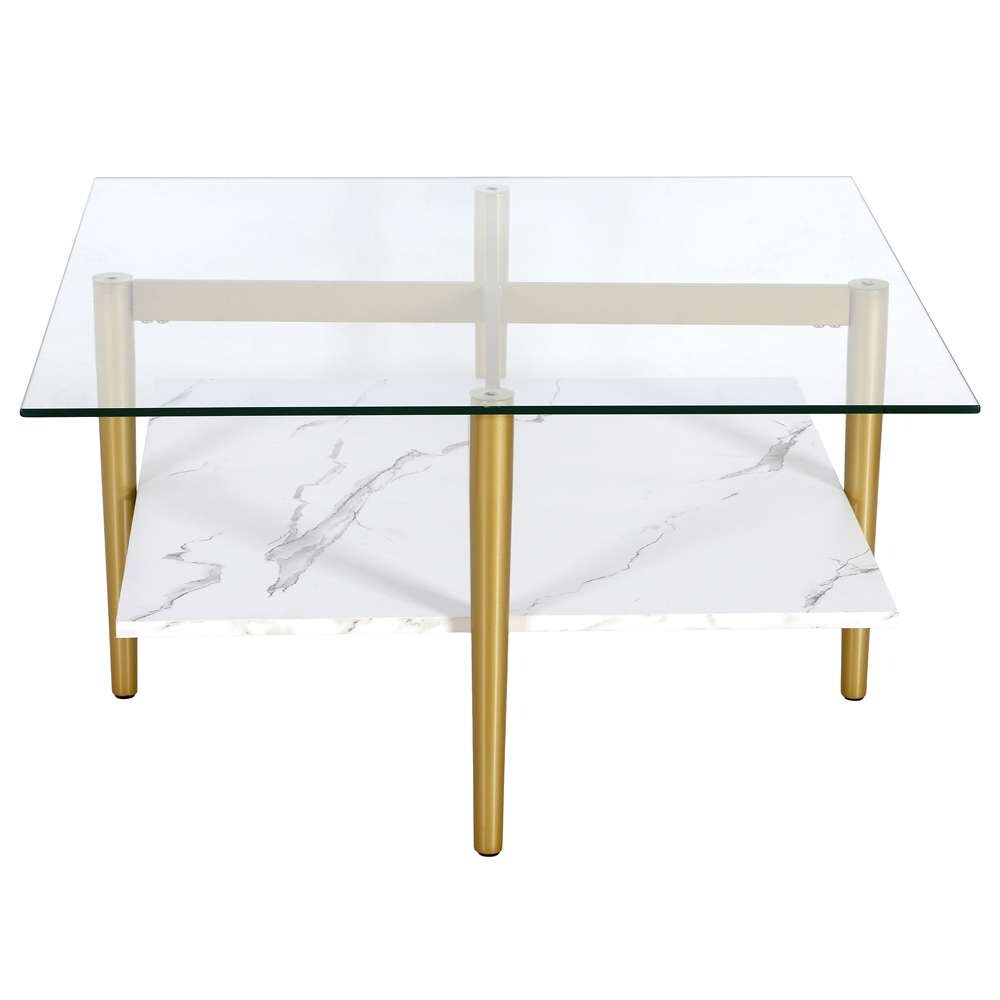 Hudson & Canal - Otto 32in Wide Square Coffee Table with Faux Marble Shelf in Brass - CT1515 veiw 3