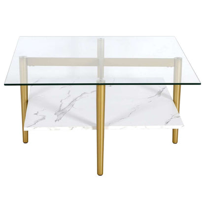 Hudson & Canal - Otto 32in Wide Square Coffee Table with Faux Marble Shelf in Brass - CT1515 veiw 3