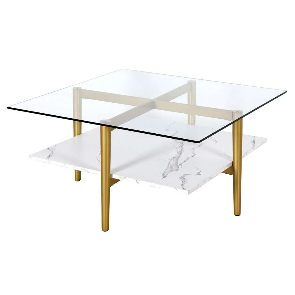 Hudson & Canal - Otto 32in Wide Square Coffee Table with Faux Marble Shelf in Brass - CT1515 veiw 4