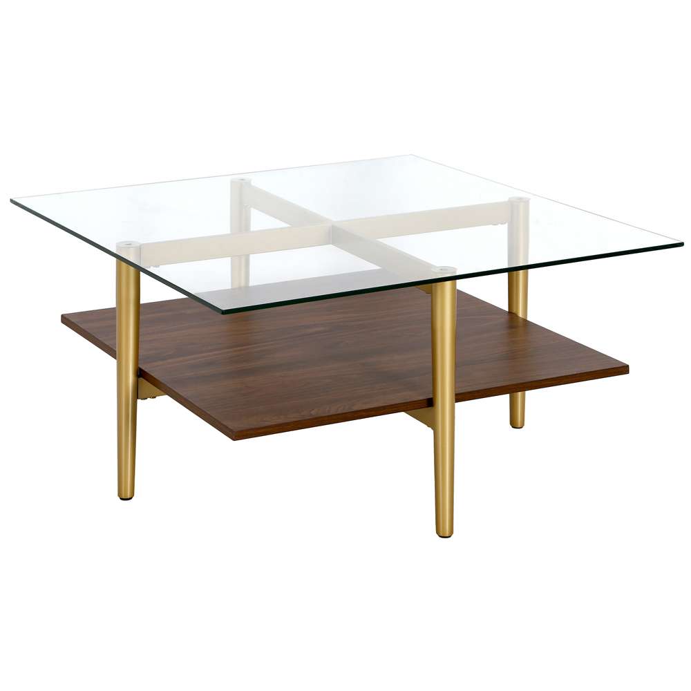 Hudson & Canal - Otto 32in Wide Square Coffee Table with Faux Walnut Shelf in Brass - CT1516 veiw 1