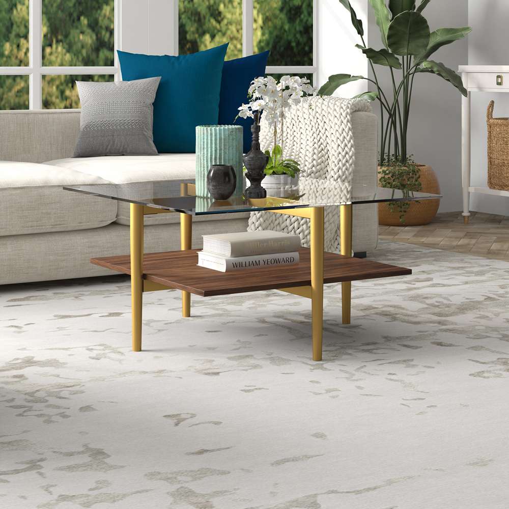 Hudson & Canal - Otto 32in Wide Square Coffee Table with Faux Walnut Shelf in Brass - CT1516 veiw 2
