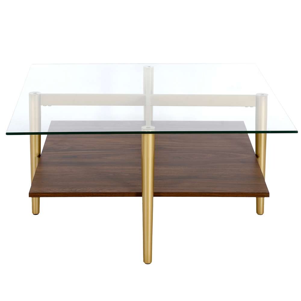 Hudson & Canal - Otto 32in Wide Square Coffee Table with Faux Walnut Shelf in Brass - CT1516 veiw 3