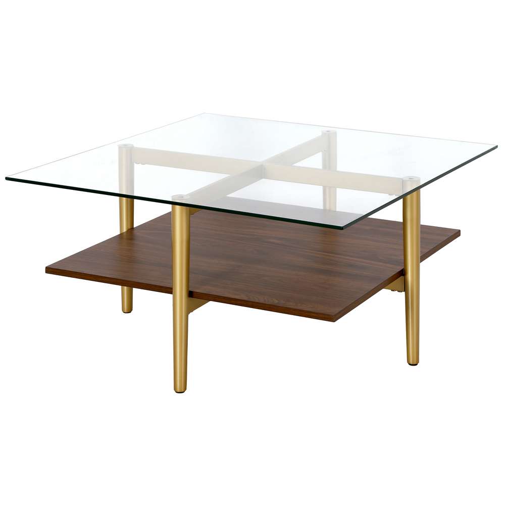 Hudson & Canal - Otto 32in Wide Square Coffee Table with Faux Walnut Shelf in Brass - CT1516 veiw 4