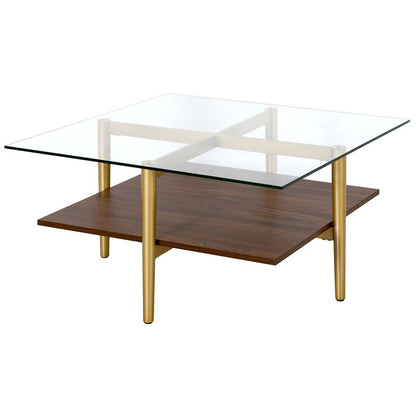 Hudson & Canal - Otto 32in Wide Square Coffee Table with Faux Walnut Shelf in Brass - CT1516 veiw 4