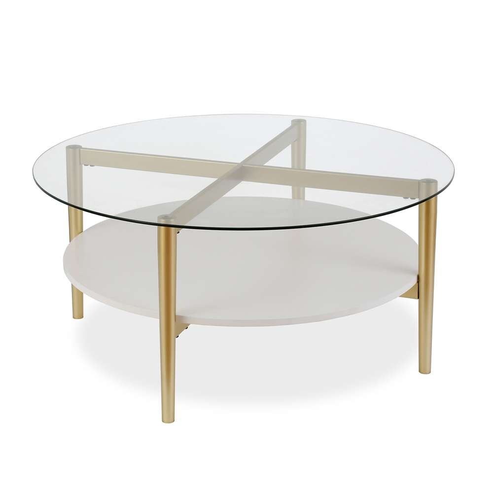 Hudson & Canal - Otto 36in Wide Round Coffee Table with MDF Shelf in Brass/White Lacquer - CT0139 veiw 1