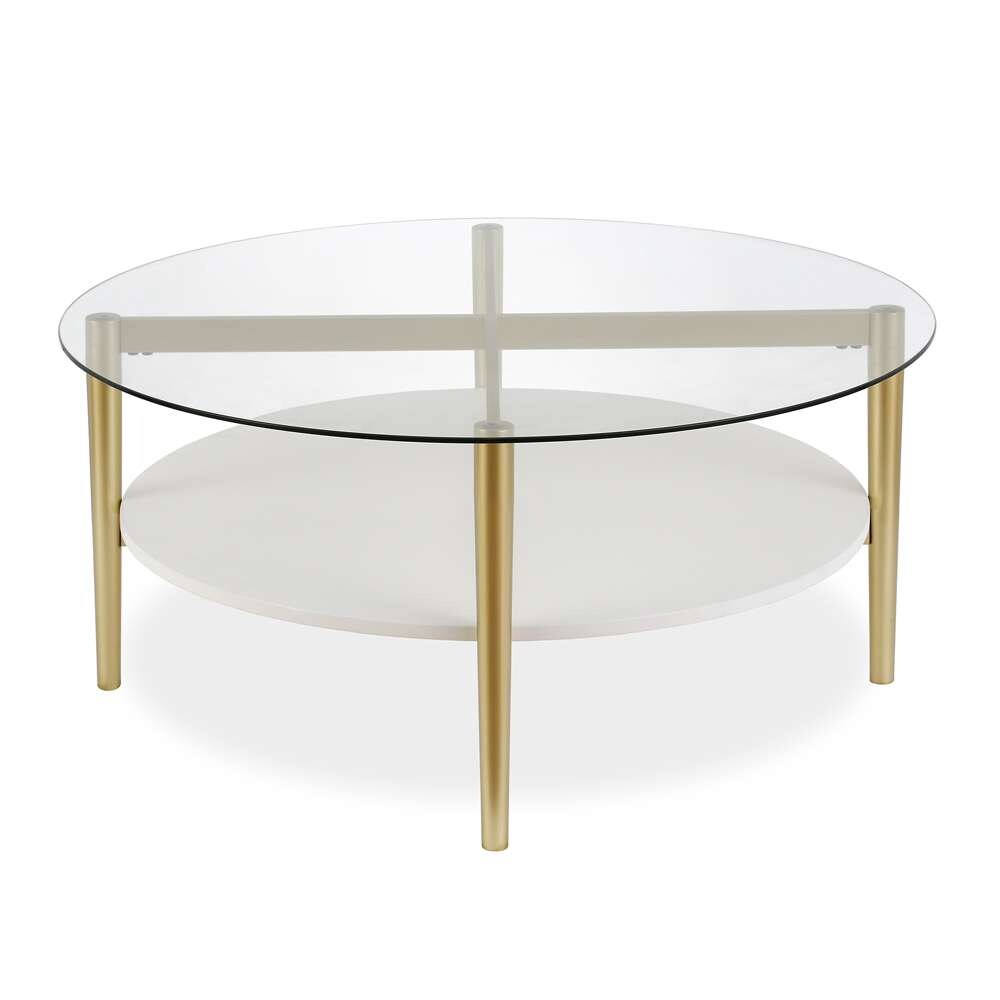 Hudson & Canal - Otto 36in Wide Round Coffee Table with MDF Shelf in Brass/White Lacquer - CT0139 veiw 3