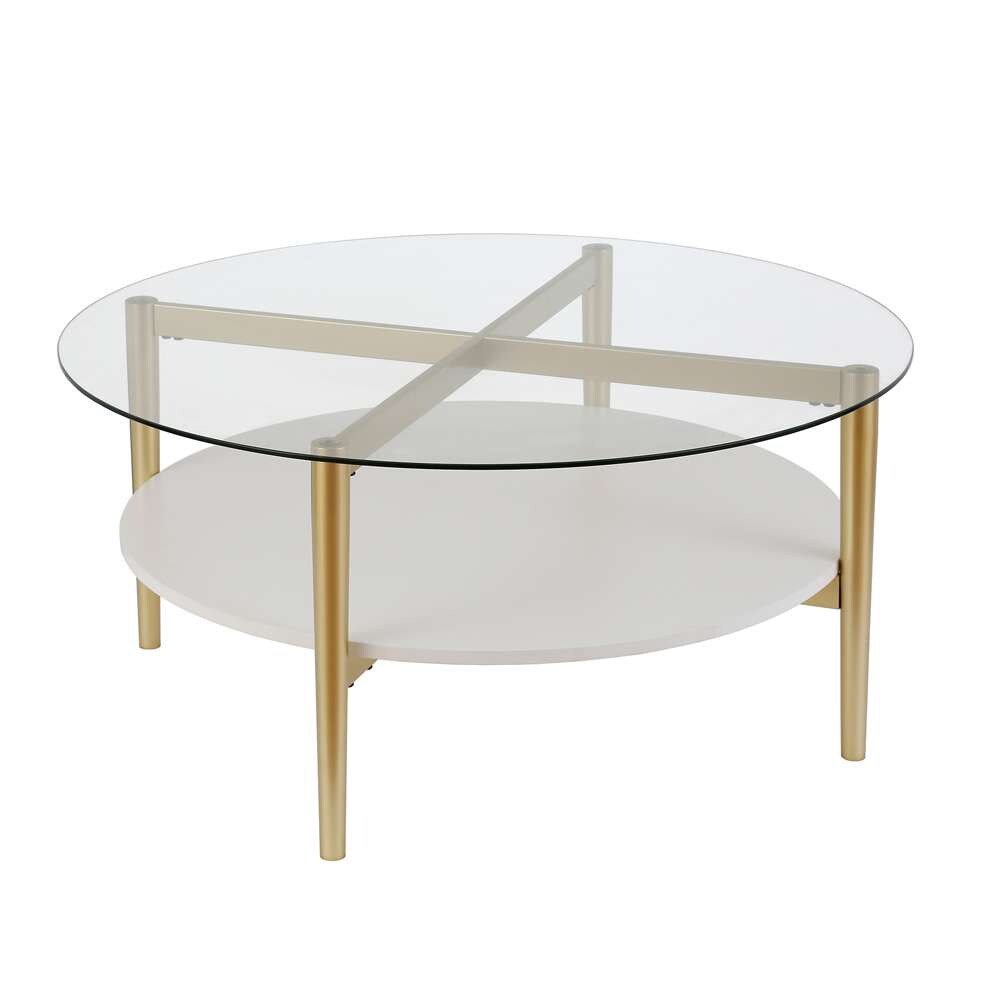Hudson & Canal - Otto 36in Wide Round Coffee Table with MDF Shelf in Brass/White Lacquer - CT0139 veiw 4