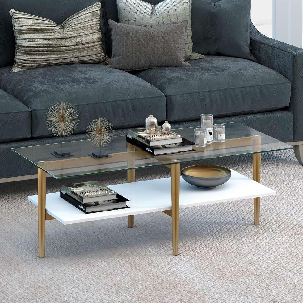Hudson & Canal - Otto 47in Wide Rectangular Coffee Table with MDF Shelf in Brass and White Lacquer - CT0057 veiw 2