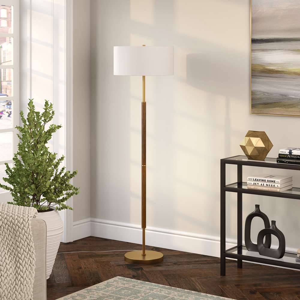 Hudson & Canal - Simone 2-Light Floor Lamp with Fabric Shade in Rustic Oak/Brass/White - FL1161 veiw 2