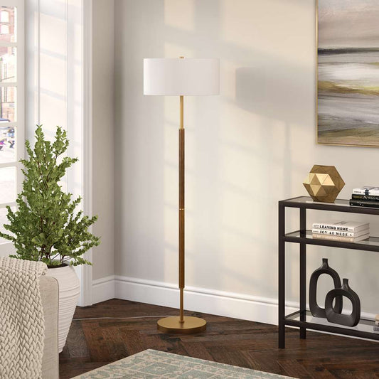 Hudson & Canal - Simone 2-Light Floor Lamp with Fabric Shade in Rustic Oak/Brass/White - FL1161 veiw 2