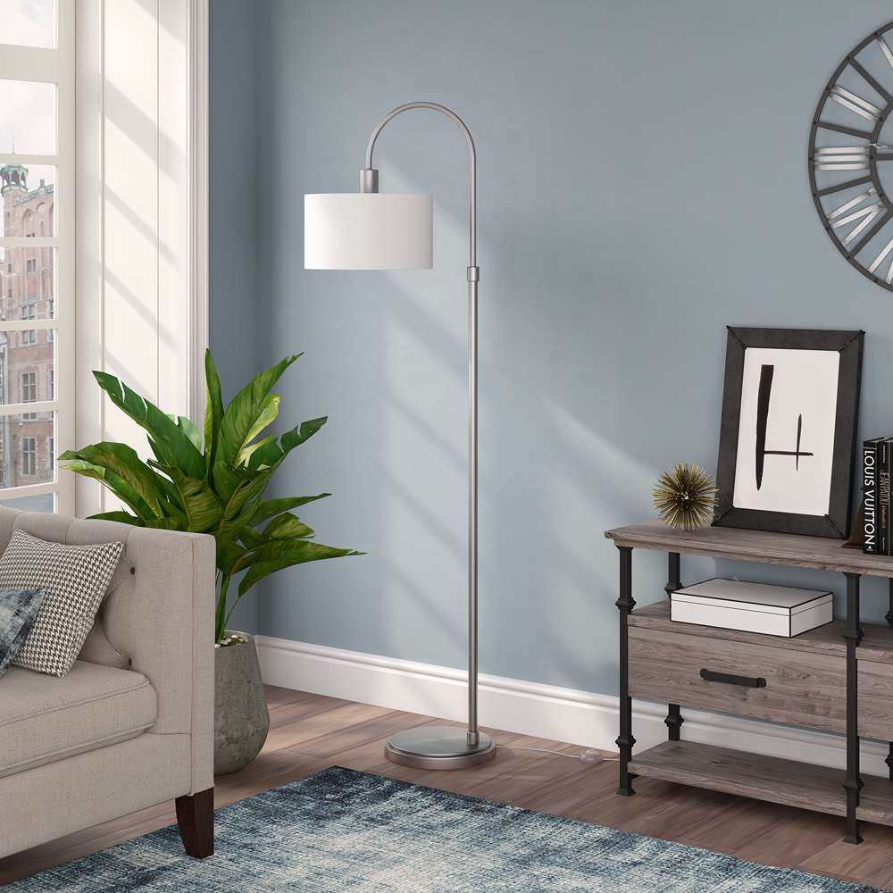 Hudson & Canal - Veronica 70in Tall Arc Floor Lamp with Fabric Shade in Brushed Nickel/White - FL1443 veiw 2