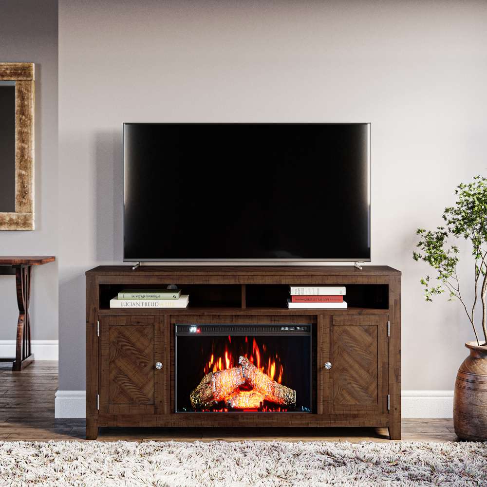 Jofran - Fairview Modern Transitional 60in Chevron Fireplace Storage Console TV Stand with Electric Fireplace, Oak Dark Brown - 1932-FP6032 veiw 1