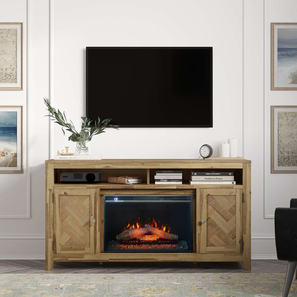 Jofran - Fairview Modern Transitional 60in Chevron Fireplace Storage Console TV Stand with Electric Fireplace, Bryce Light Brown - 2338-FP6032 veiw 1