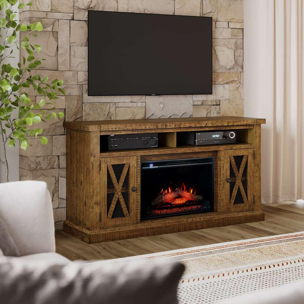 Jofran - Telluride Rustic Solid Pine 60in Storage Console TV Stand with Electric Fireplace, Gold - 1800-FP6032 veiw 2