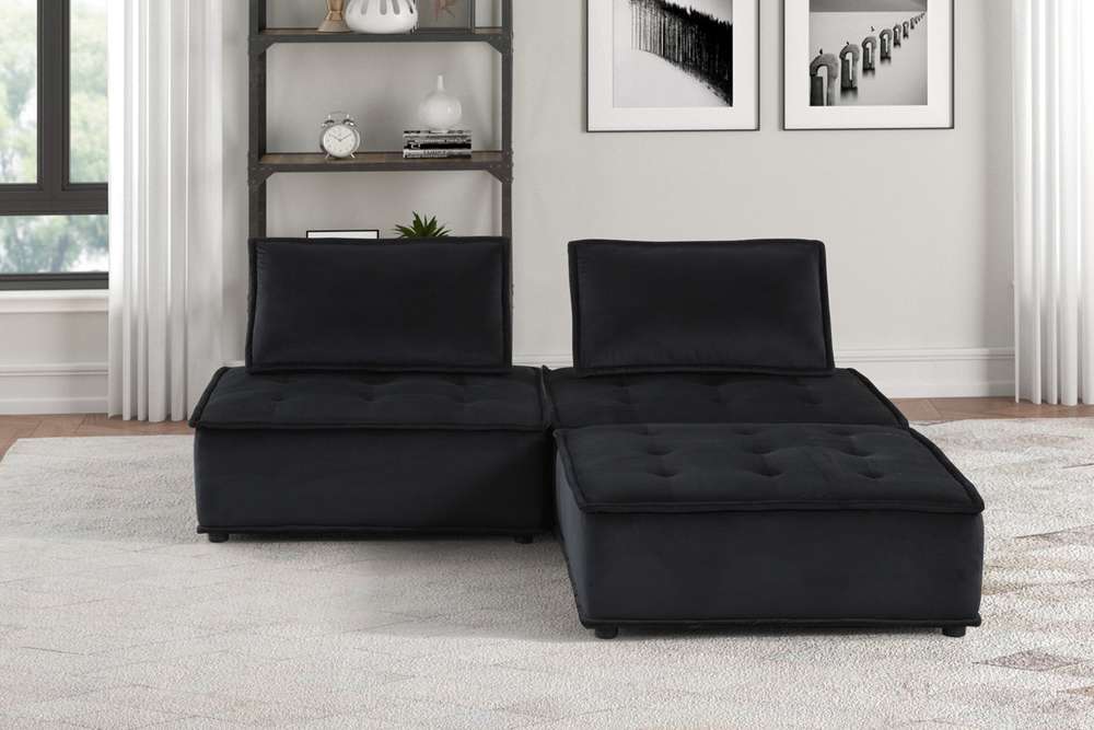 Lilola Home - Anna Black Velvet 3 Pc Sectional Sofa Ottoman - 81402-3 veiw 1