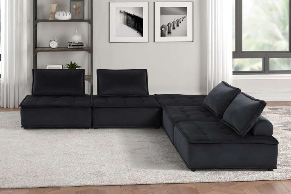 Lilola Home - Anna Black Velvet 5 Pc Sectional Sofa Ottoman - 81402-5D veiw 5